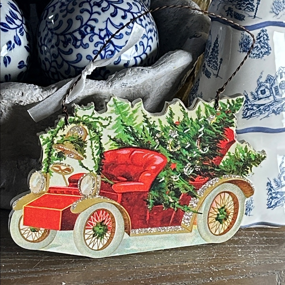 NEW! Santa Vintage Holiday Car Wood Christmas Tree Sign